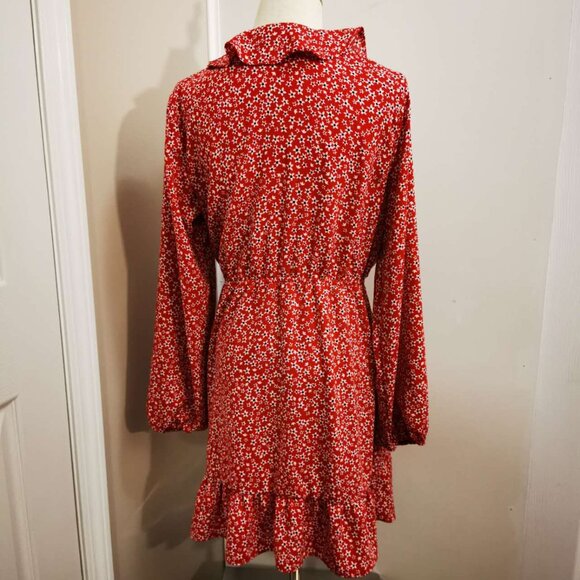 Dynamite Bright Red Floral Ruffle Wrap Long Sleeve Dress(M) - Picture 9 of 10
